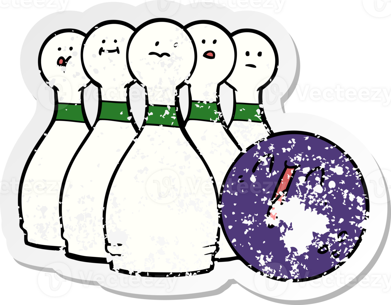 distressed sticker of a cartoon laughing bowling ball and pins png