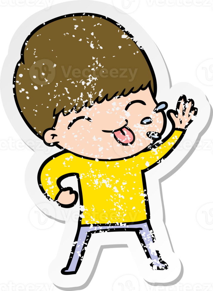 distressed sticker of a happy cartoon boy png