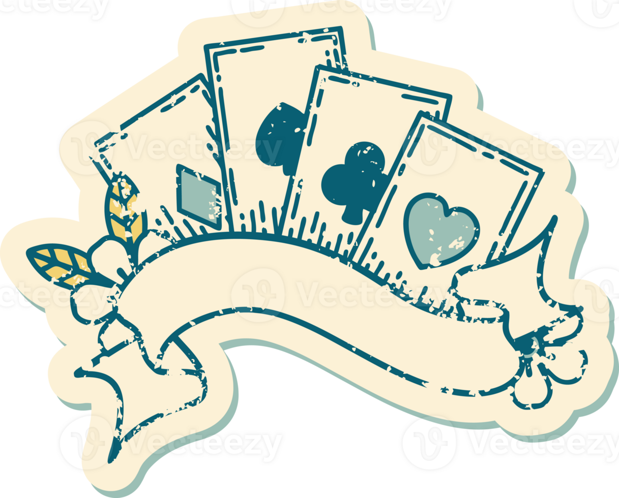 iconic distressed sticker tattoo style image of cards and banner png