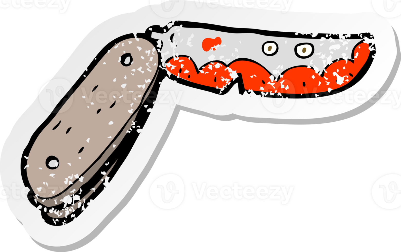retro distressed sticker of a cartoon bloody folding knife png