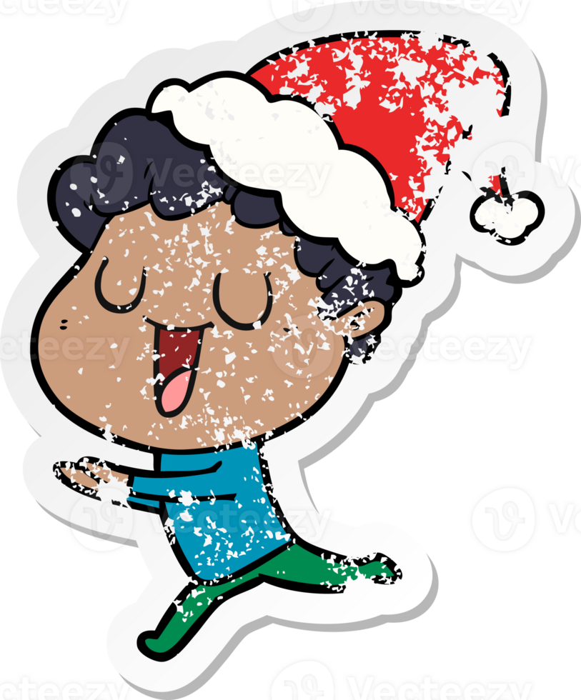 laughing hand drawn distressed sticker cartoon of a man running wearing santa hat png