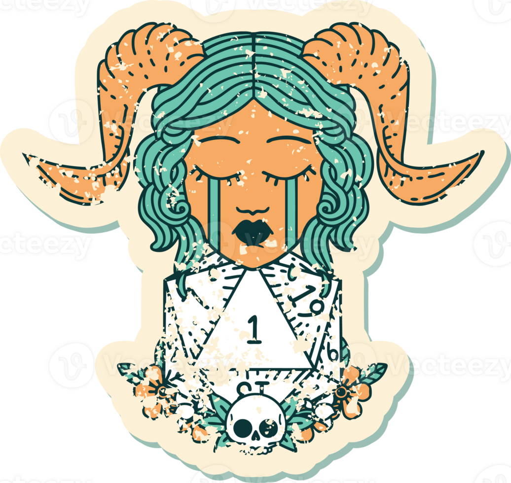 grunge sticker of a crying tiefling with natural one D20 dice roll png