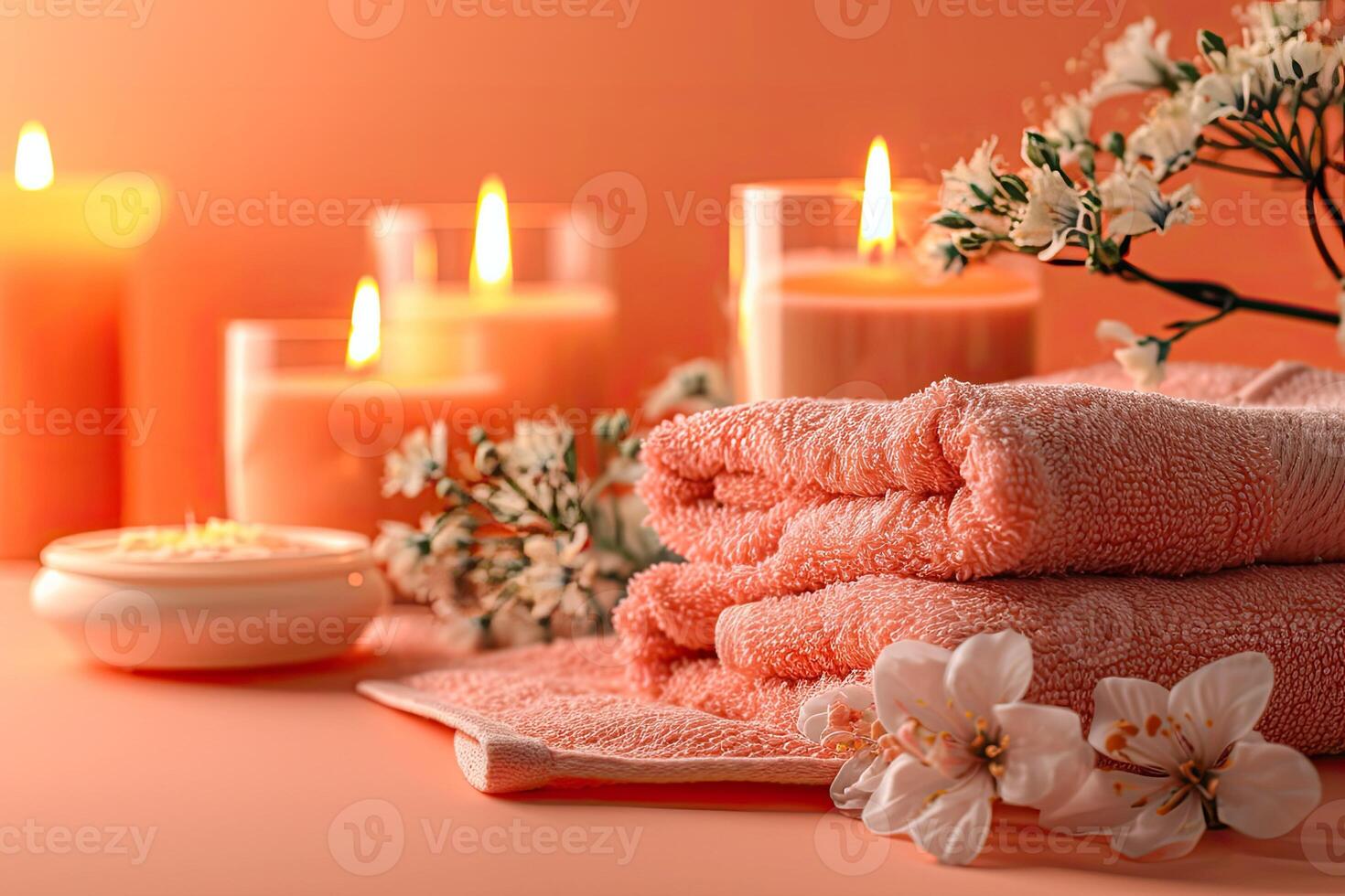 A stack of peach-colored towels with scented candles and sakura flowers for relaxation and beauty. The concept of a spa, sanatorium or resort. Aromatherapy, massage photo