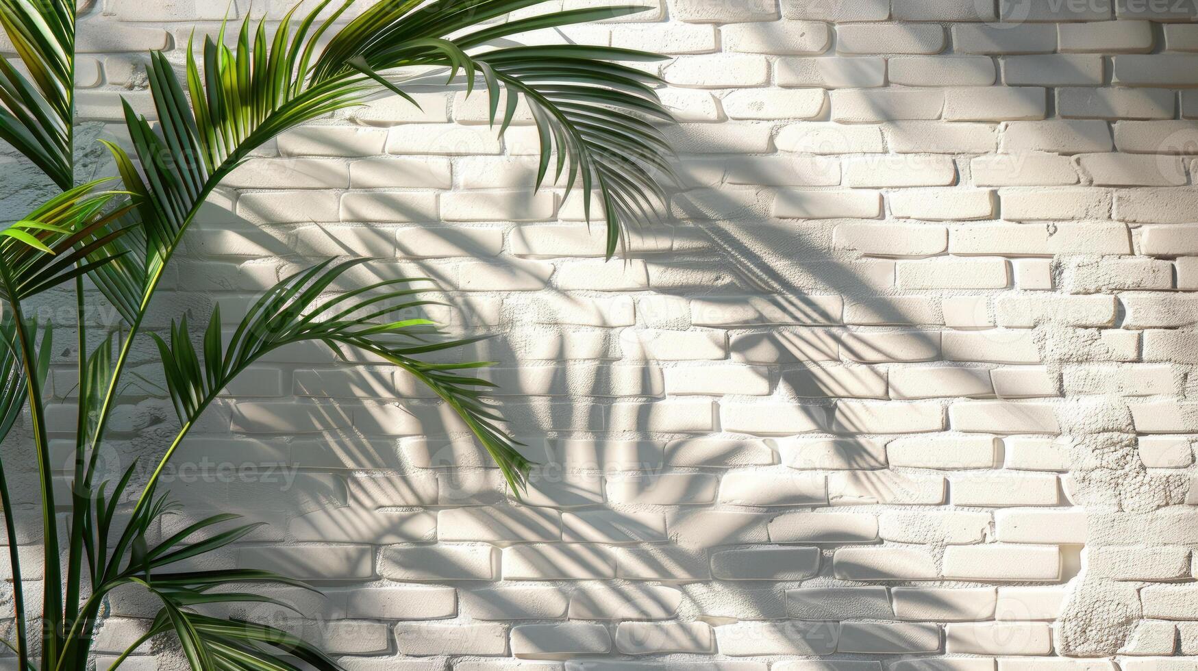 vacío vivo habitación interior con blanco ladrillo pared siguiente a palma hojas en maceta, antecedentes textura para negocio, interior, espacio foto