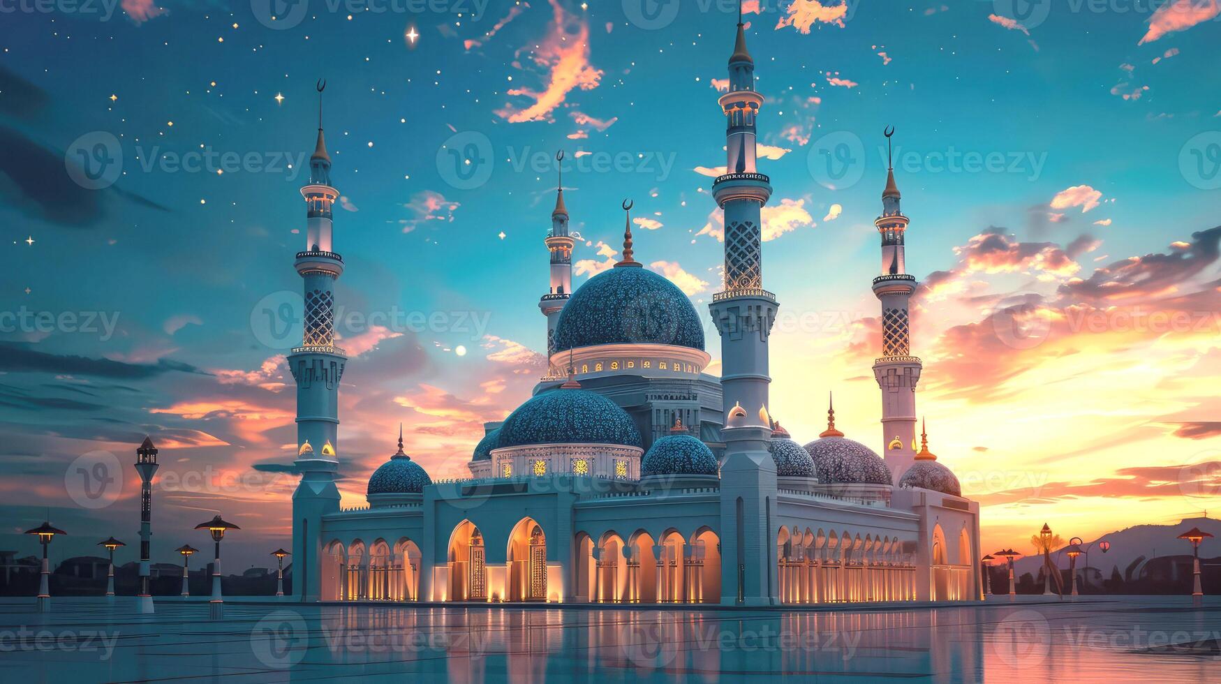 Square with a beautiful building of an Islamic Muslim mosque behind four minarets, a crescent moon in the evening twilight under the stars, Namaz during Ramadan, Eid al-Adha photo