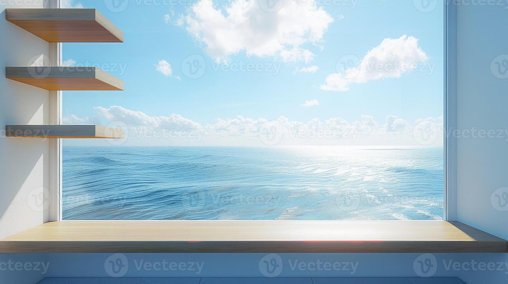 Empty living room interior with a large panoramic window overlooking the blue sea and empty shelves on the wall, background for business, interior, space photo