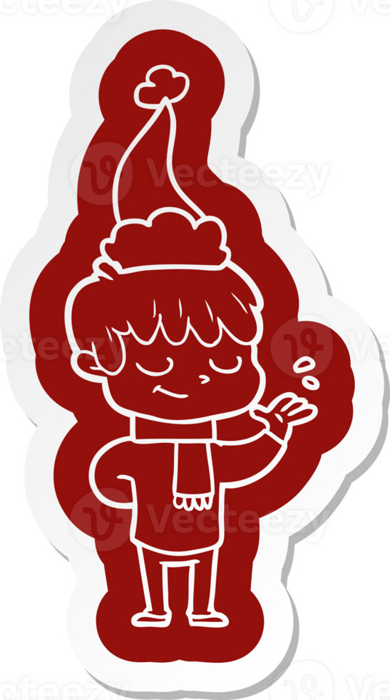 quirky cartoon  sticker of a happy boy wearing santa hat png