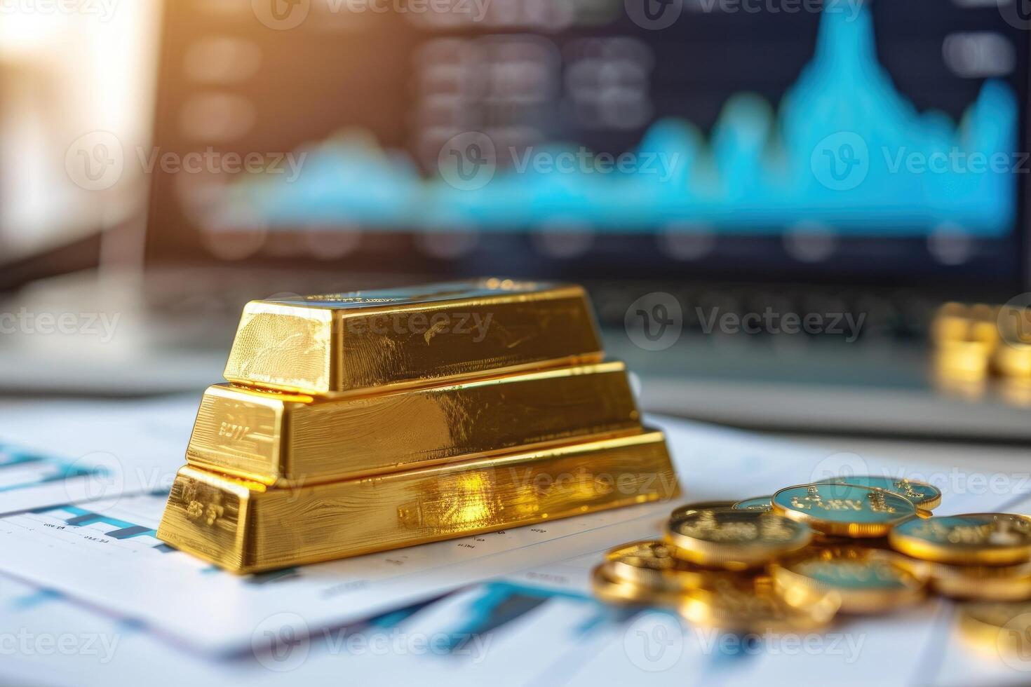 stack of shiny gold bars on an office desk with a monitor showing graphs and histograms, financial gold price chart, economics, finance and trading concept photo