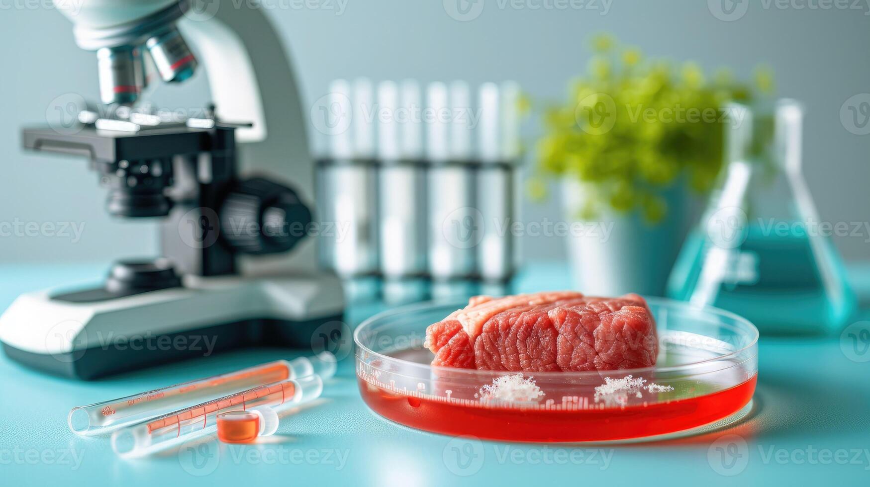 Laboratory grown meat concept, red synthetic artificial meat with microscope, laboratory accessories, measuring utensils. Lab grown meat concept. Scientific research photo