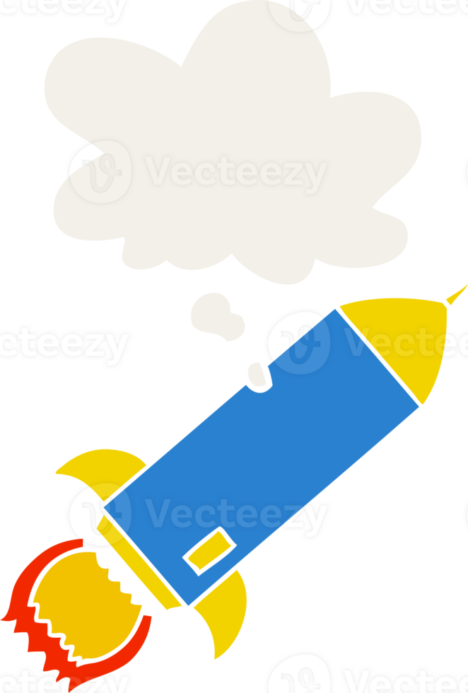 cartoon rocket with thought bubble in retro style png