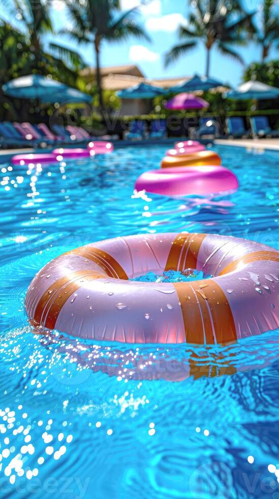 Vertical summer background, swimming pool at a tropical resort with inflatable rings in clear blue water and palm trees, sun beds along the edge of the pool. Travel and rest photo