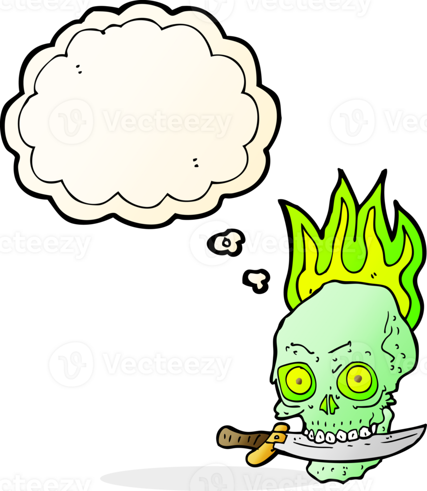 cartoon pirate skull with knife in teeth with thought bubble png