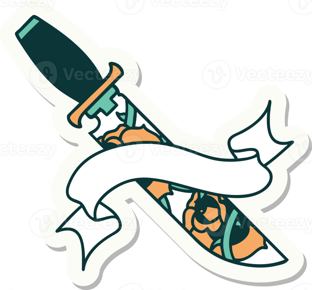 tattoo style sticker with banner of a dagger and flowers png