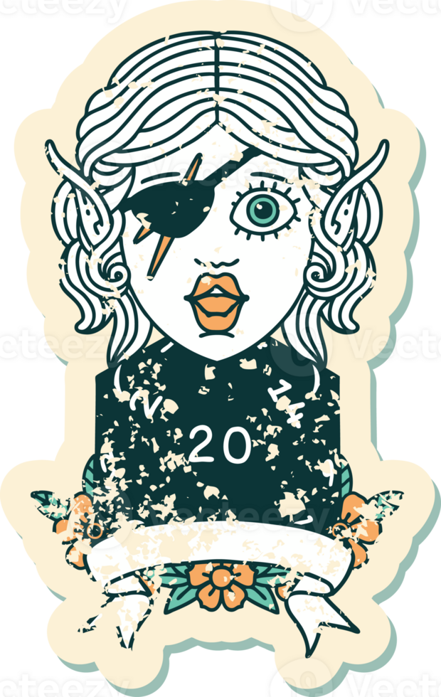 Retro Tattoo Style elf rogue character with natural twenty dice roll png
