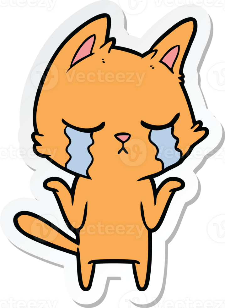 sticker of a crying cartoon cat shrugging png