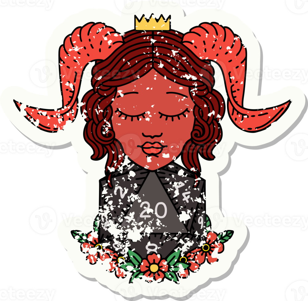 grunge sticker of a tiefling with natural twenty d20 dice roll png