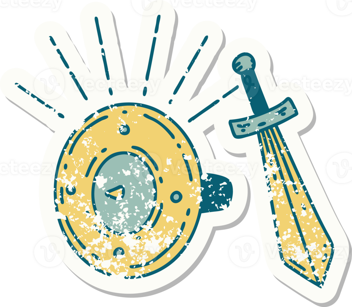 worn old sticker of a tattoo style shield and sword png