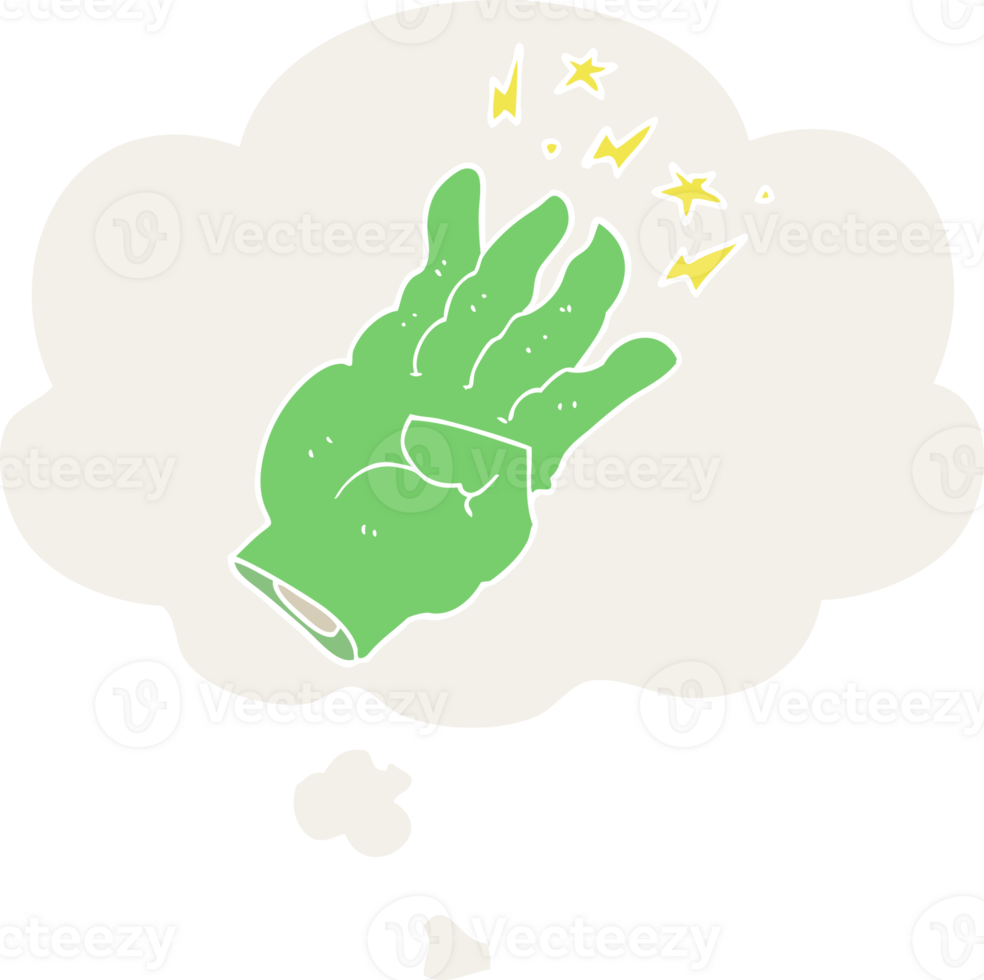 cartoon spooky magic hand with thought bubble in retro style png