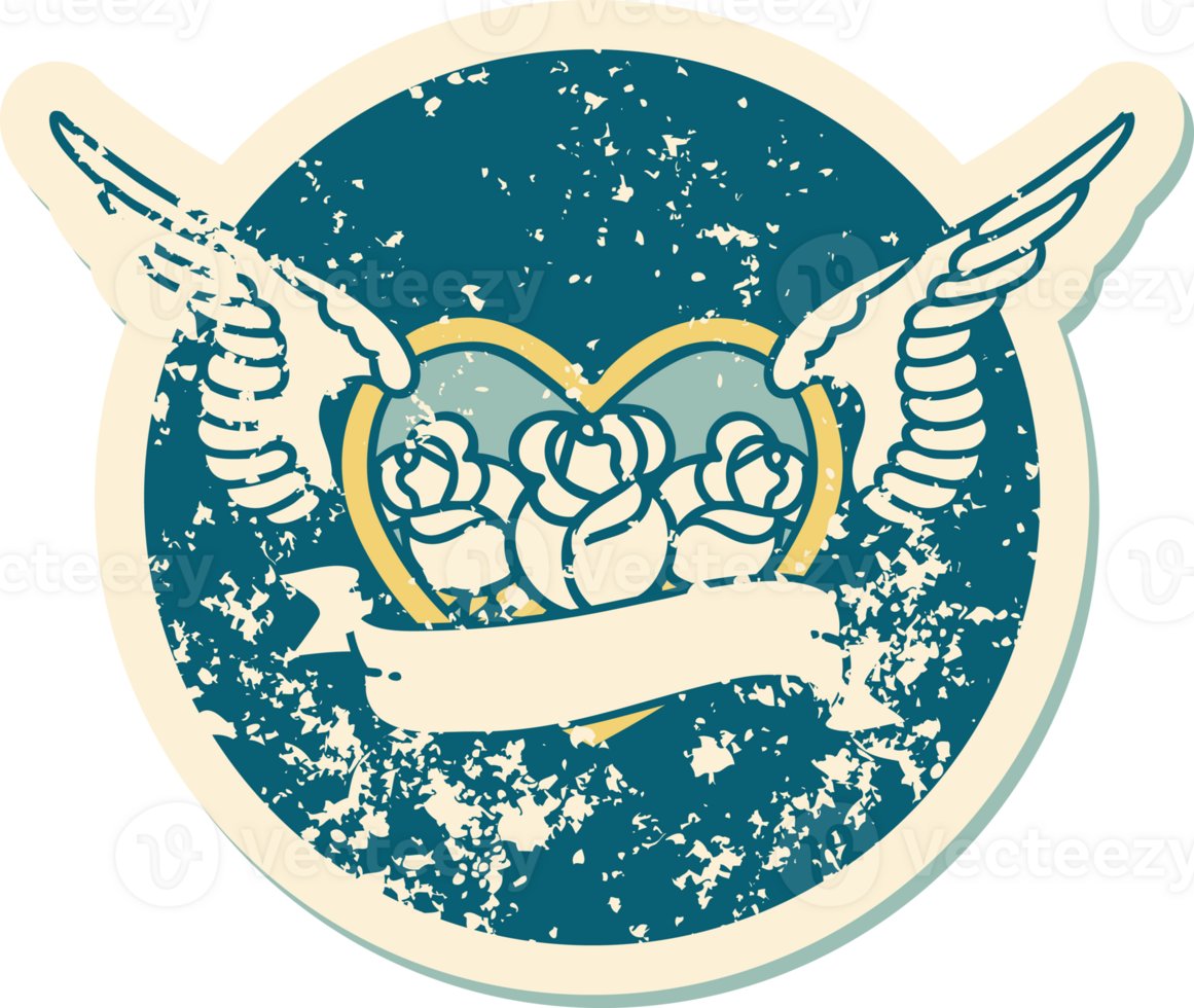 iconic distressed sticker tattoo style image of a flying heart with flowers and banner png