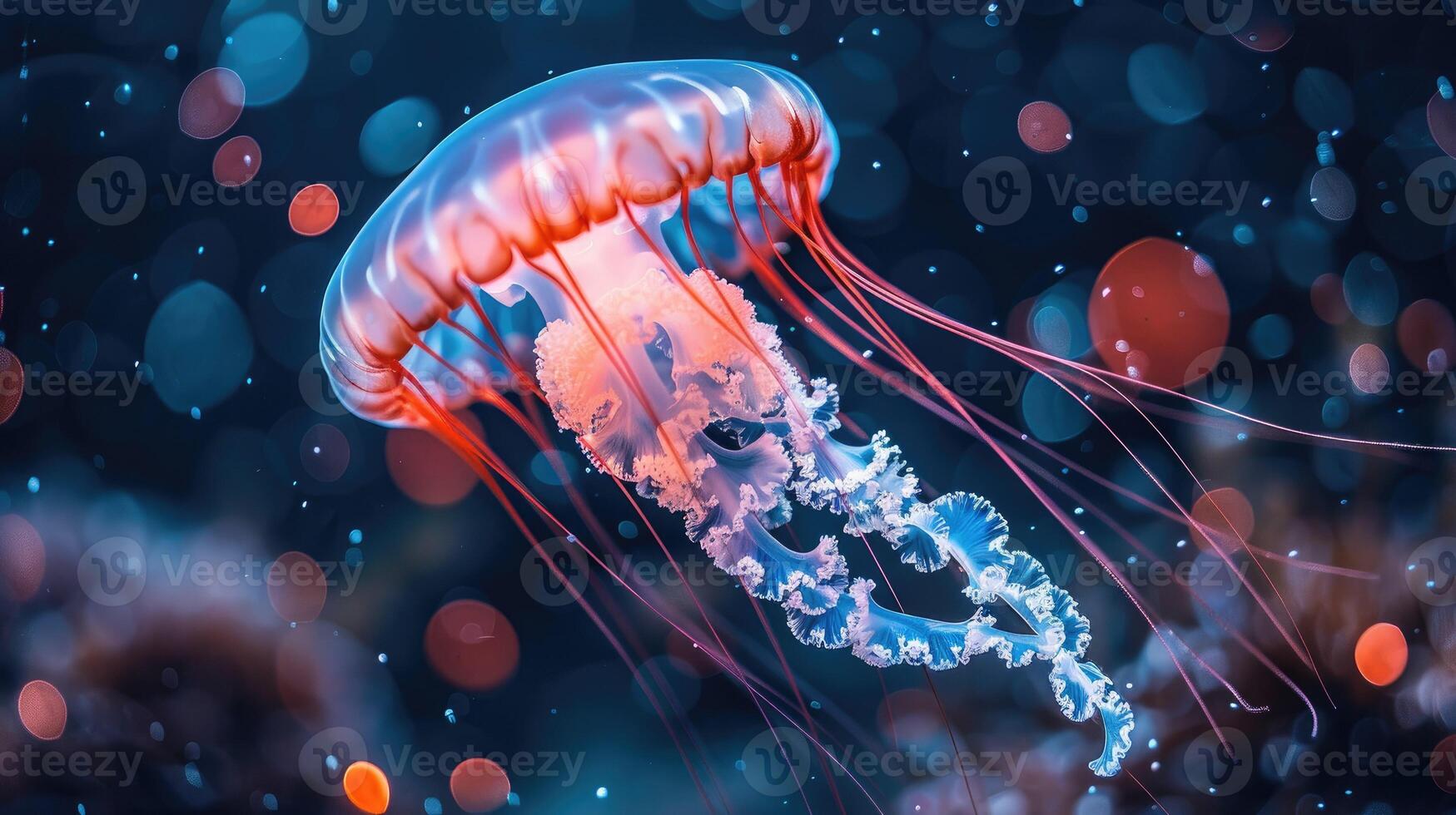 A jellyfish with a transparent red-blue body and long blue tentacles swims in the water photo