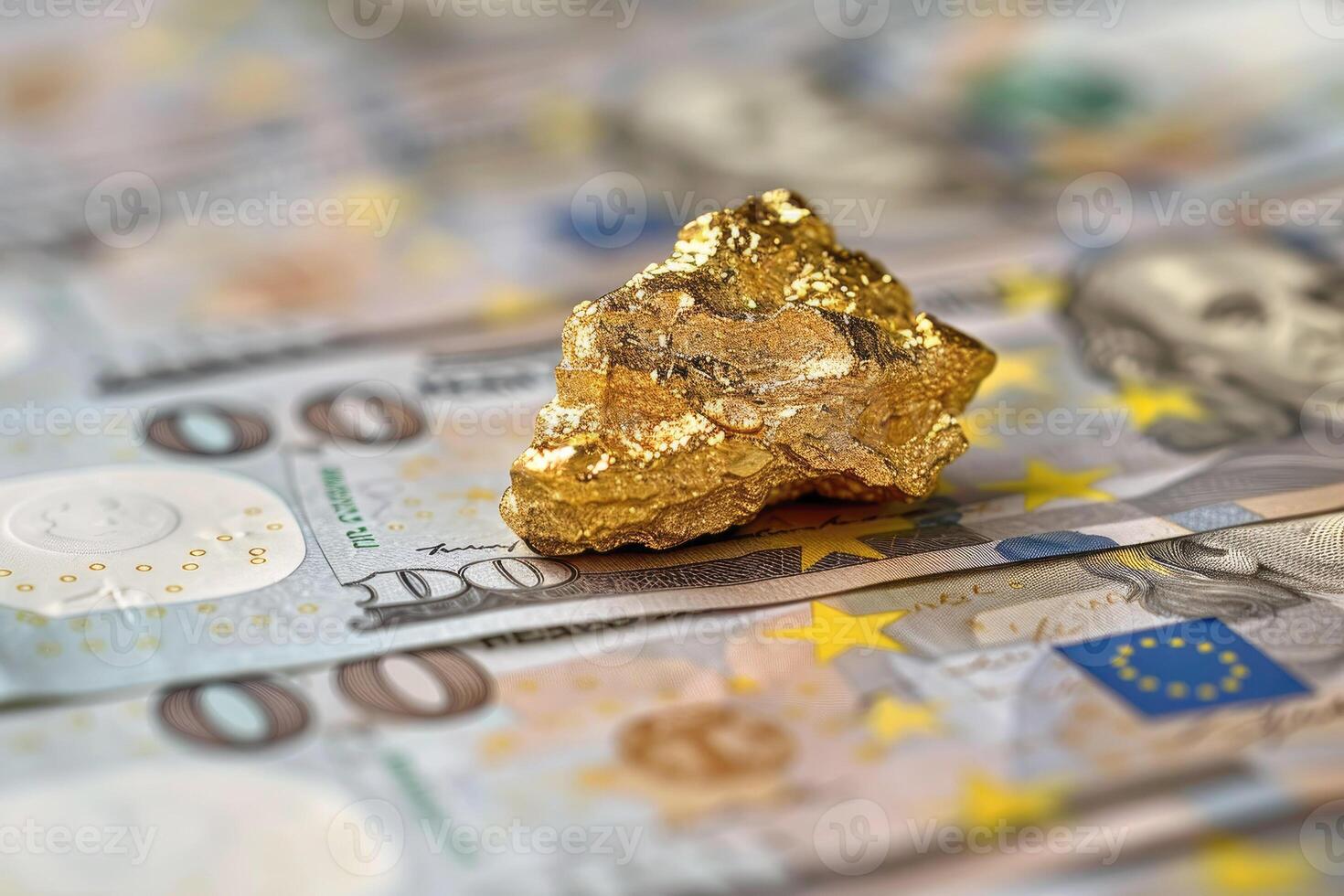 A large gold nugget lies on a table with euro banknotes symbolizing prosperity and wealth photo