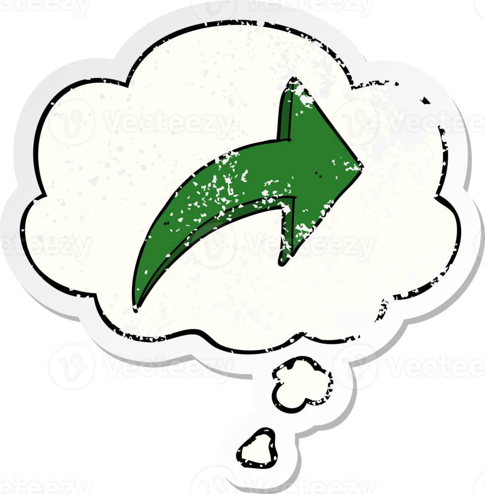 cartoon pointing arrow with thought bubble as a distressed worn sticker png