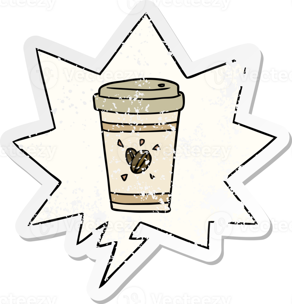 cartoon cup of takeout coffee with speech bubble distressed distressed old sticker png