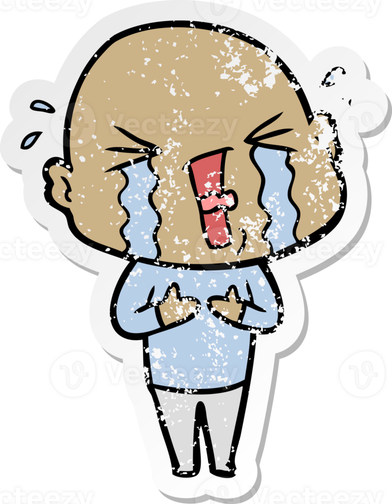 distressed sticker of a cartoon crying bald man png