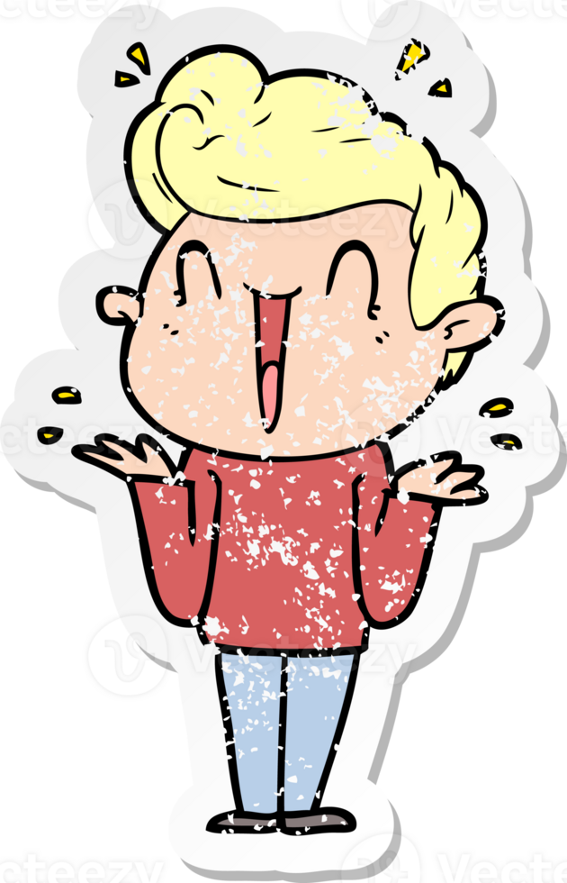distressed sticker of a cartoon excited man png