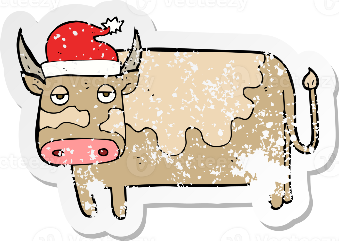 retro distressed sticker of a cartoon cow with christmas hat png
