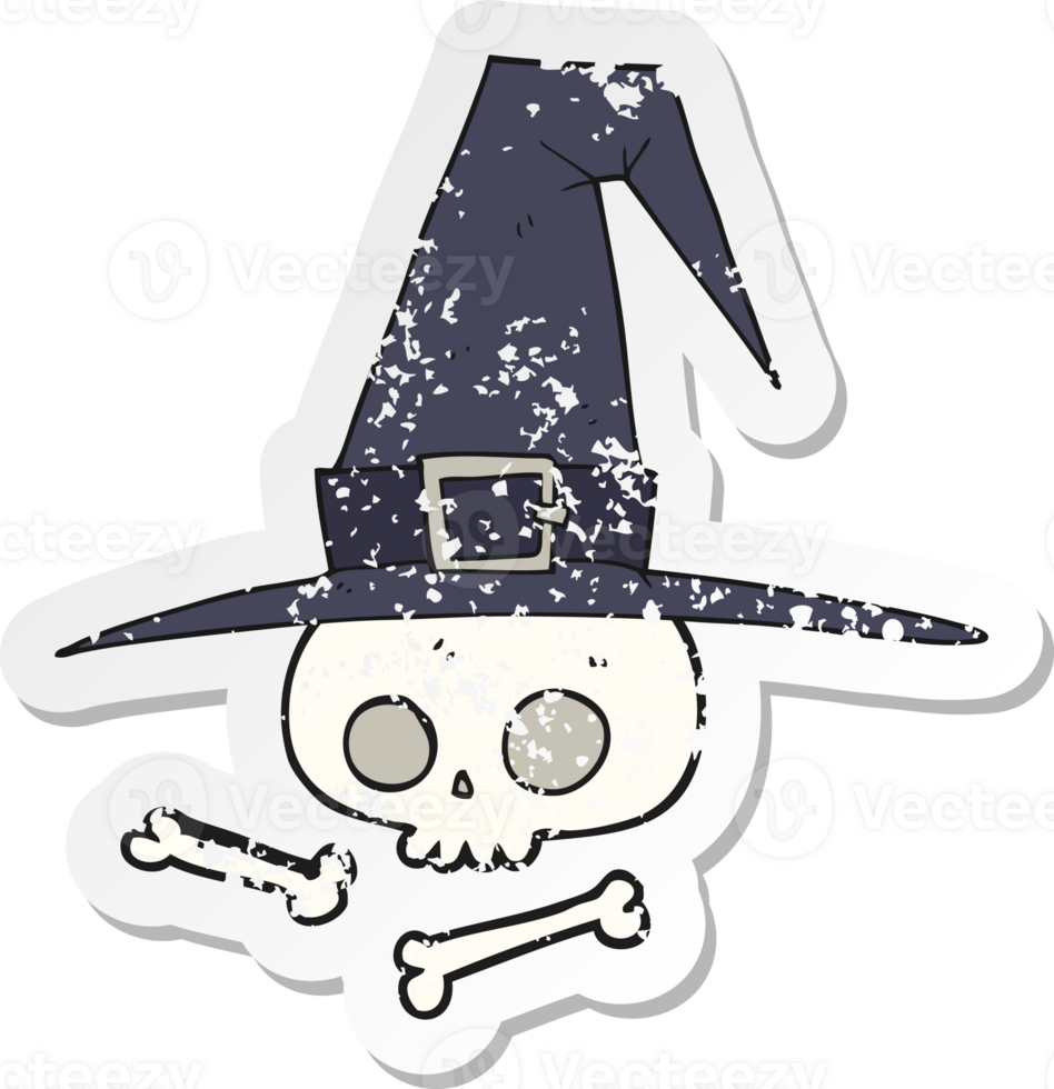 retro distressed sticker of a cartoon witch hat with skull png