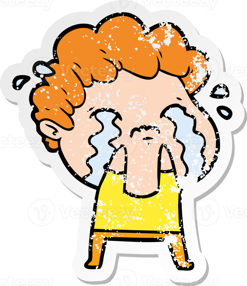 distressed sticker of a cartoon man crying png