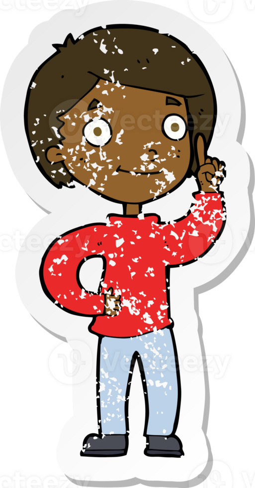 retro distressed sticker of a cartoon boy with idea png