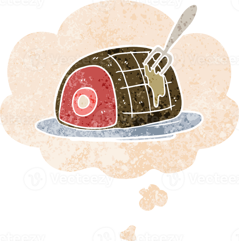 cartoon cooked beef with thought bubble in grunge distressed retro textured style png