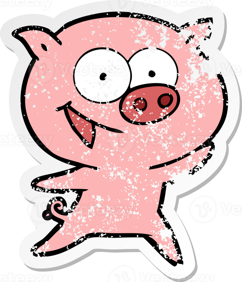 autocollant en détresse d'un dessin animé de cochon joyeux png