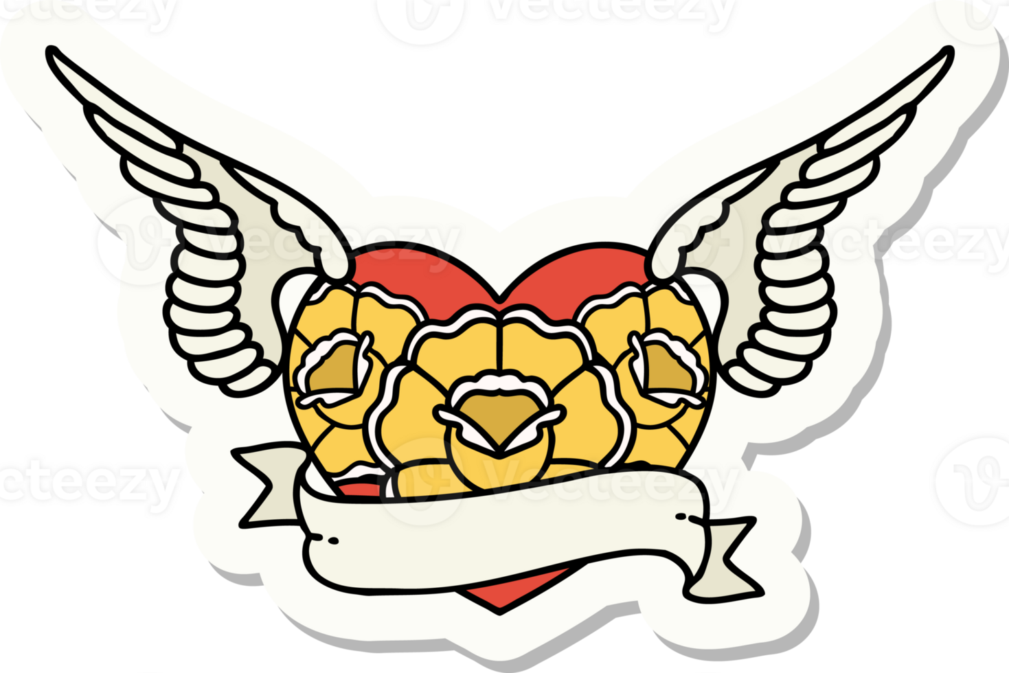 sticker of tattoo in traditional style of a flying heart with flowers and banner png