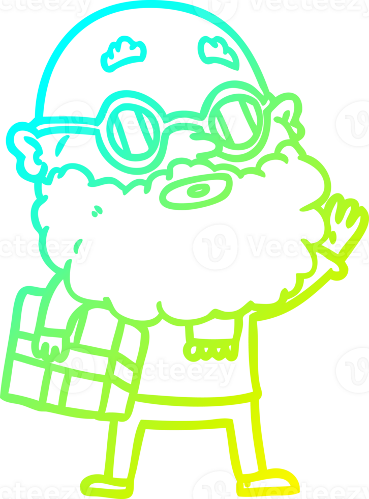 cold gradient line drawing of a cartoon curious man with beard sunglasses and present png