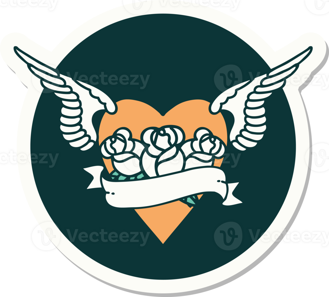 sticker of tattoo in traditional style of heart with wings flowers and banner png
