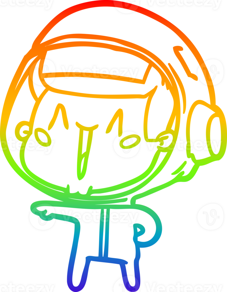 rainbow gradient line drawing of a happy cartoon astronaut pointing png