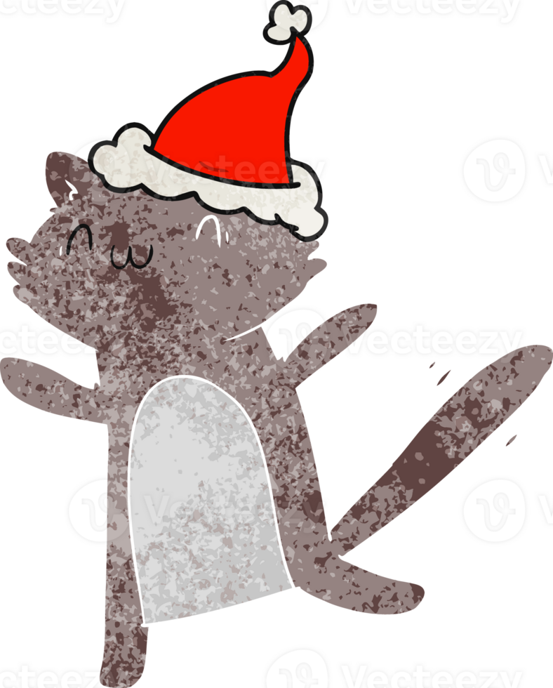 hand drawn retro cartoon of a dancing cat wearing santa hat png