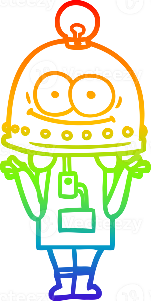 rainbow gradient line drawing of a happy carton robot with light bulb png