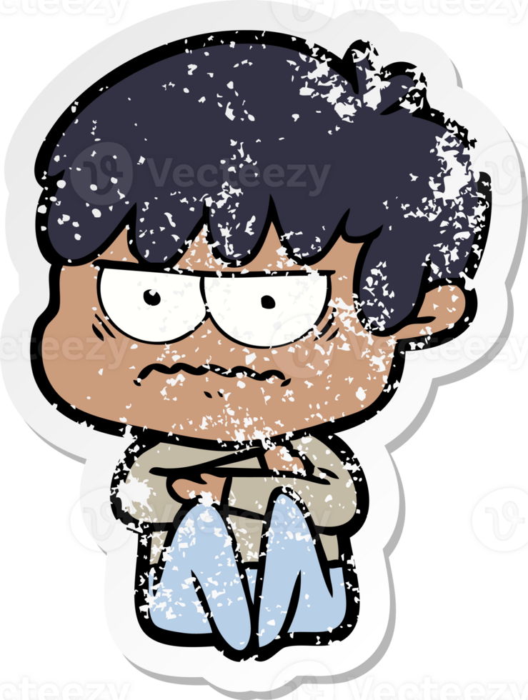 distressed sticker of a annoyed cartoon boy png
