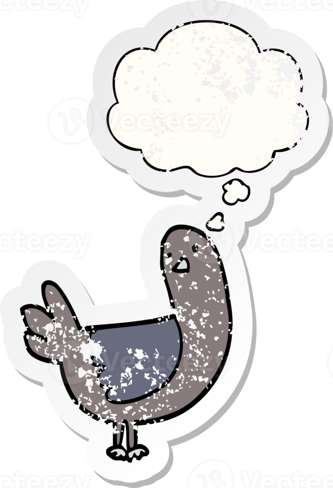 cartoon pigeon with thought bubble as a distressed worn sticker png