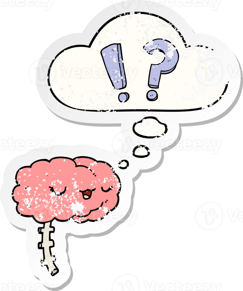 cartoon curious brain with thought bubble as a distressed worn sticker png