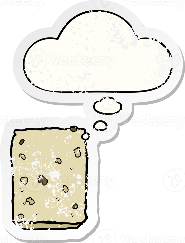 cartoon biscuit with thought bubble as a distressed worn sticker png