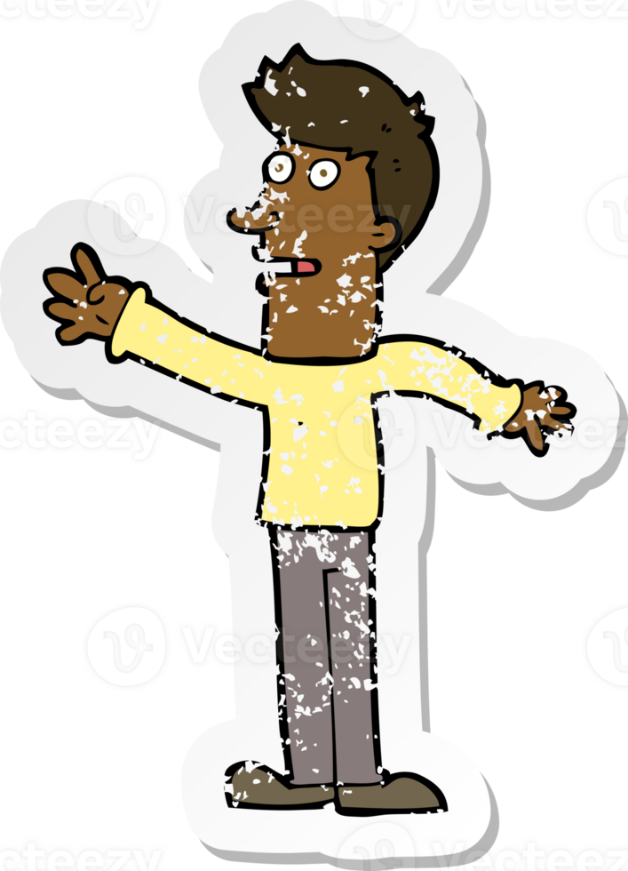 retro distressed sticker of a cartoon man reaching png