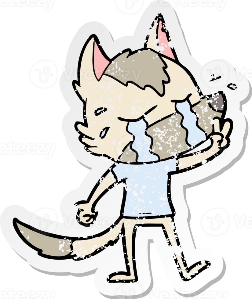 distressed sticker of a cartoon crying wolf png