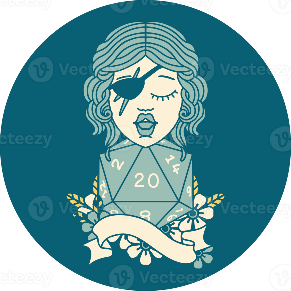 Retro Tattoo Style human rogue with natural 20 dice roll png