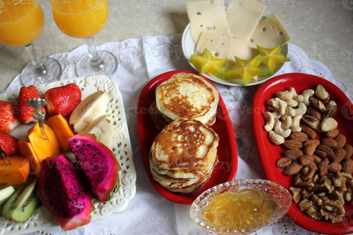 Table in a restaurant with a variety of snacks and food. photo