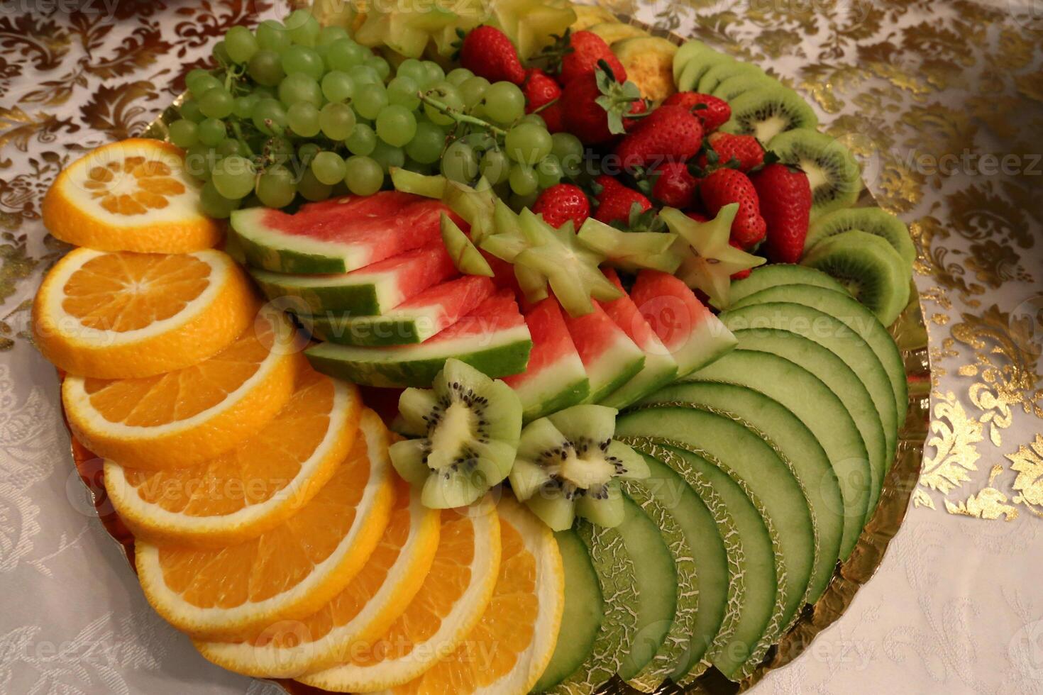 Table in a restaurant with a variety of snacks and food. photo